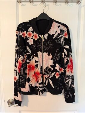 IMAN Reversible Floral Zip-Front Bomber Jacket - Black with Pink/Red Flowers